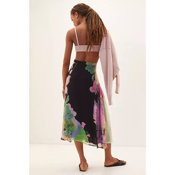 Eva Franco Anthropologie Floral Midi Skirt A Line Navy Side Slit - Picture 4 of 4